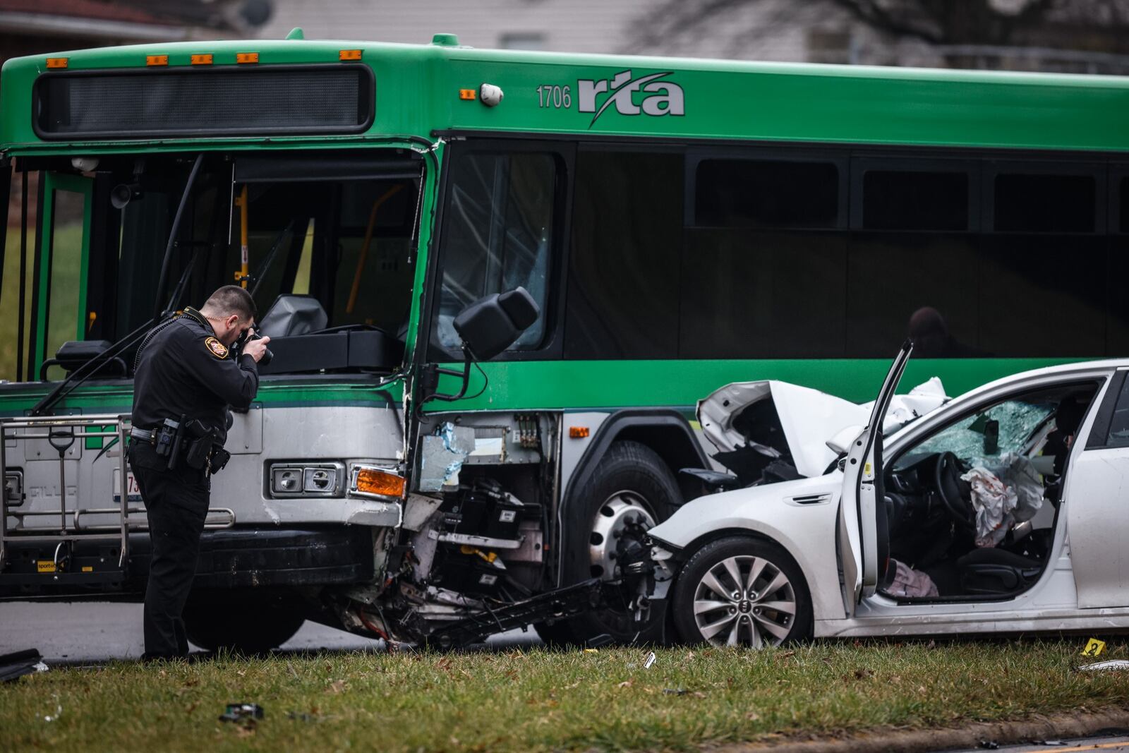 An RTA driver is in critical condition after a bus struck by a stolen Kia Optima Thursday, Dec. 30, 2021, at the intersection of Klepinger and Turner roads in Harrison Twp. The Kia driver and two passengers also were critically hurt and another Kia passenger also suffered injuries, according to the Montgomery County Sheriff's Office. JIM NOELKER/STAFF