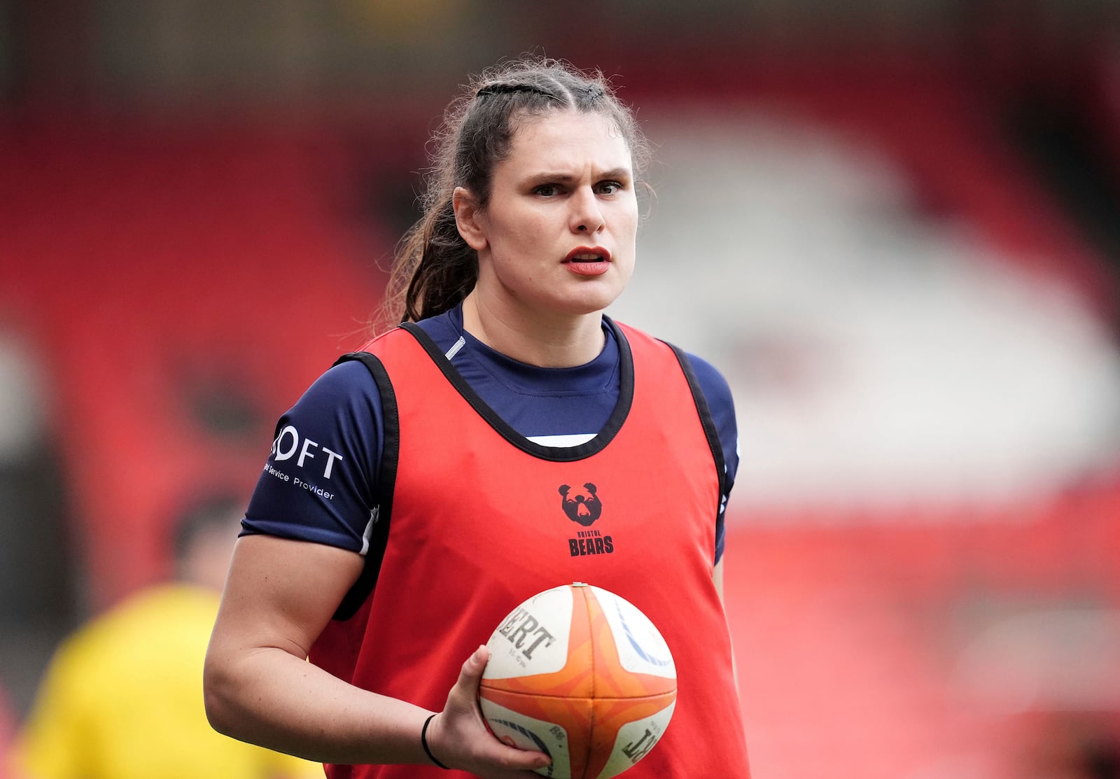 Bristol Bears' Ilona Maher warms up ahead of the Premiership Women's Rugby match between Bristol Bears and Gloucester Hartpury at Ashton Gate, Bristol, England, Sunday Jan. 5, 2025. (Adam Davy/PA via AP)