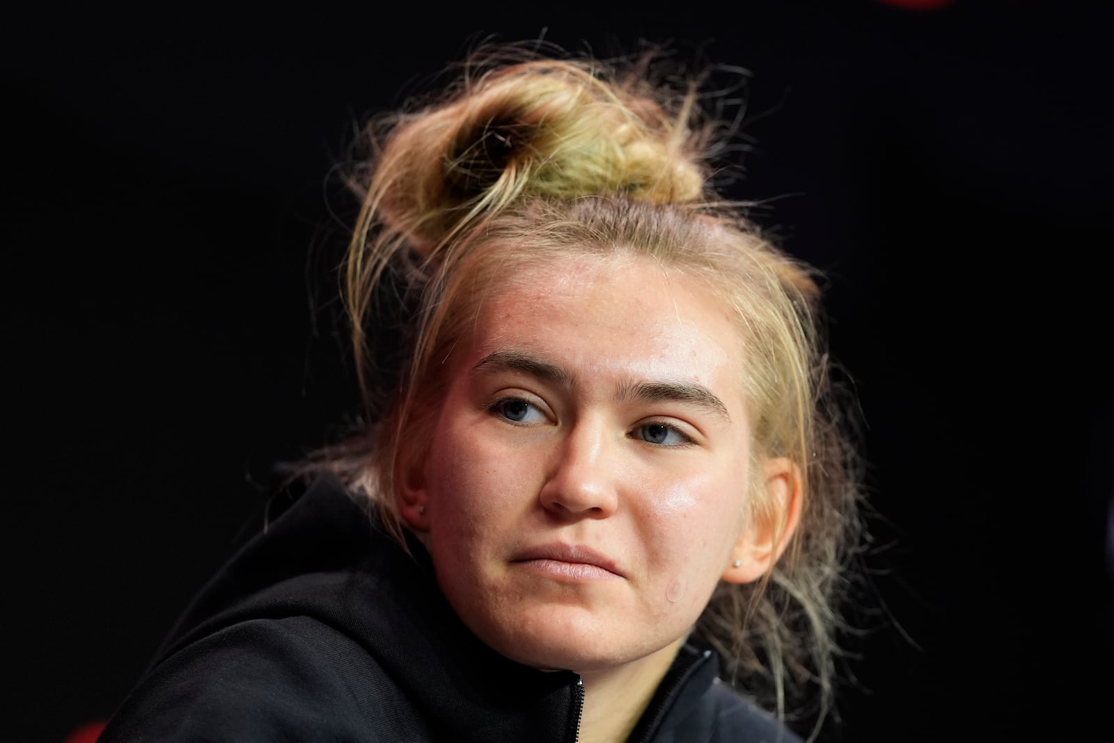 Oklahoma State's Anna Gret Asi addresses the media during the NCAA college Big 12 women's basketball media day, Tuesday, Oct. 22, 2024, in Kansas City, Mo. (AP Photo/Charlie Riedel)