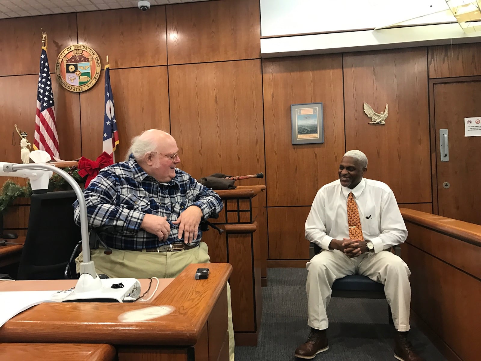 Judge Dan Gehres and bailiff Chuck Taylor – who have been a team for 36 years – sat in the empty court room Tuesday and talked about their bond, their time in the courtroom and some of the most colorful characters they have met over the years. Tom Archdeacon/CONTRIBUTED