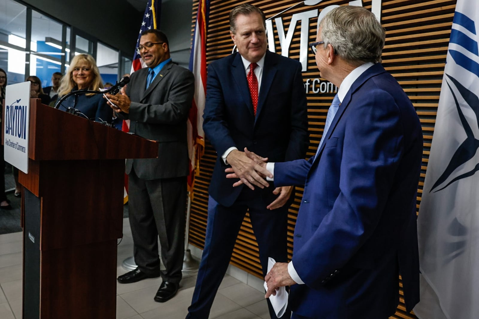 Ohio Governor Mike DeWine, right along with Congressmen Mike Turner announced Monday at the Dayton Chamber of Commerce offices that NATO will hold its spring parliamentary assembly in Dayton in May 2025. JIM NOELKER/STAFF