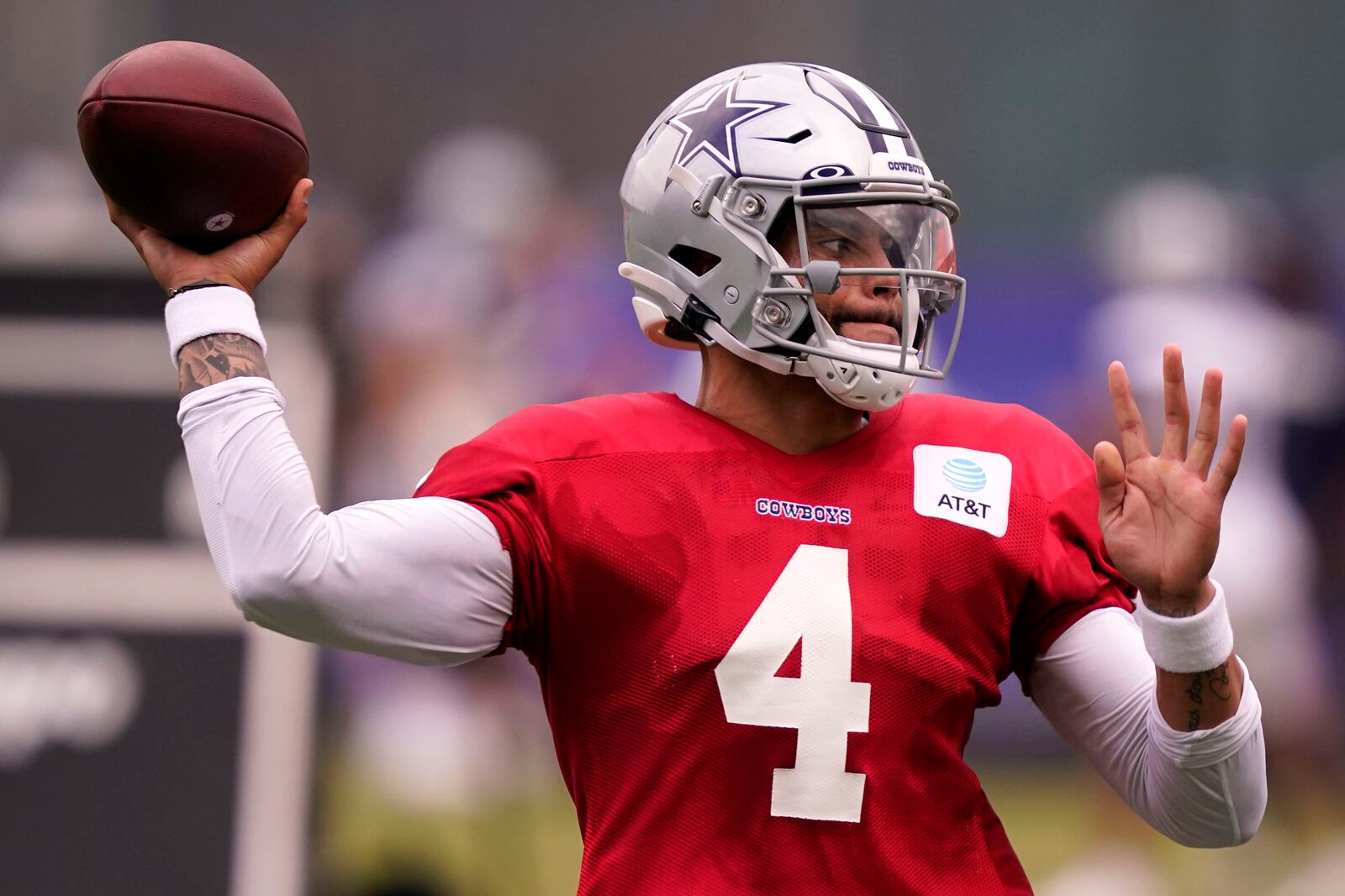 Dallas Cowboys quarterback Dak Prescott (4) passes during an NFL training camp football practice in Frisco, Texas, Thursday, Sept. 3, 2020. (AP Photo/LM Otero)