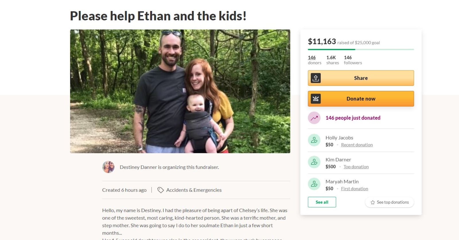 A GoFuneMe page was created to raise money for the family of Chelsey Vollmer