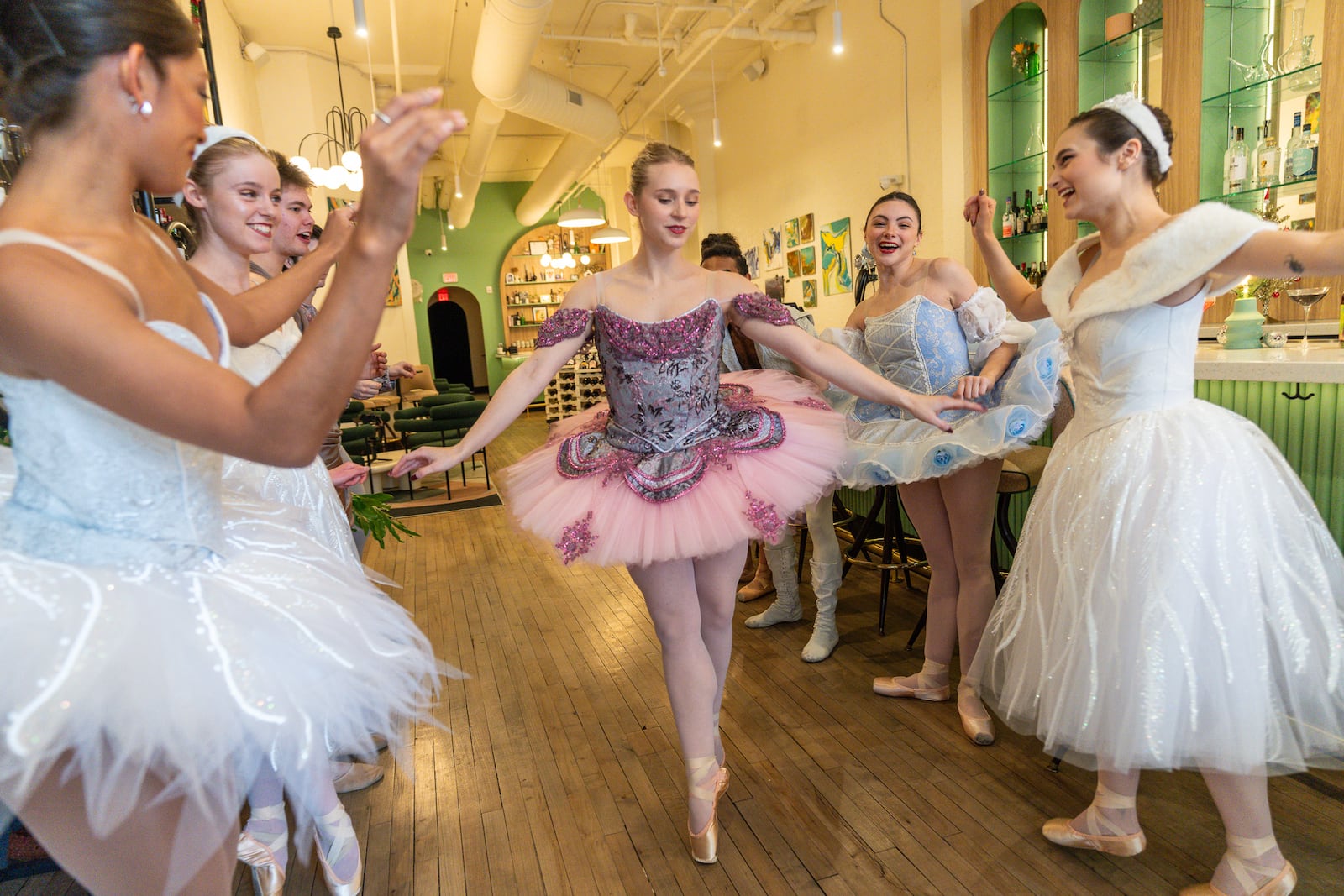 From left: Dayton Ballet Company Dancers Jasmine Getz, Alyssa Eyster, Nicolas Bierwagen, Hailey Flanagan, Catherine Voorhees, and Erin Blair. PHOTO BY DPAA/RON VALLE