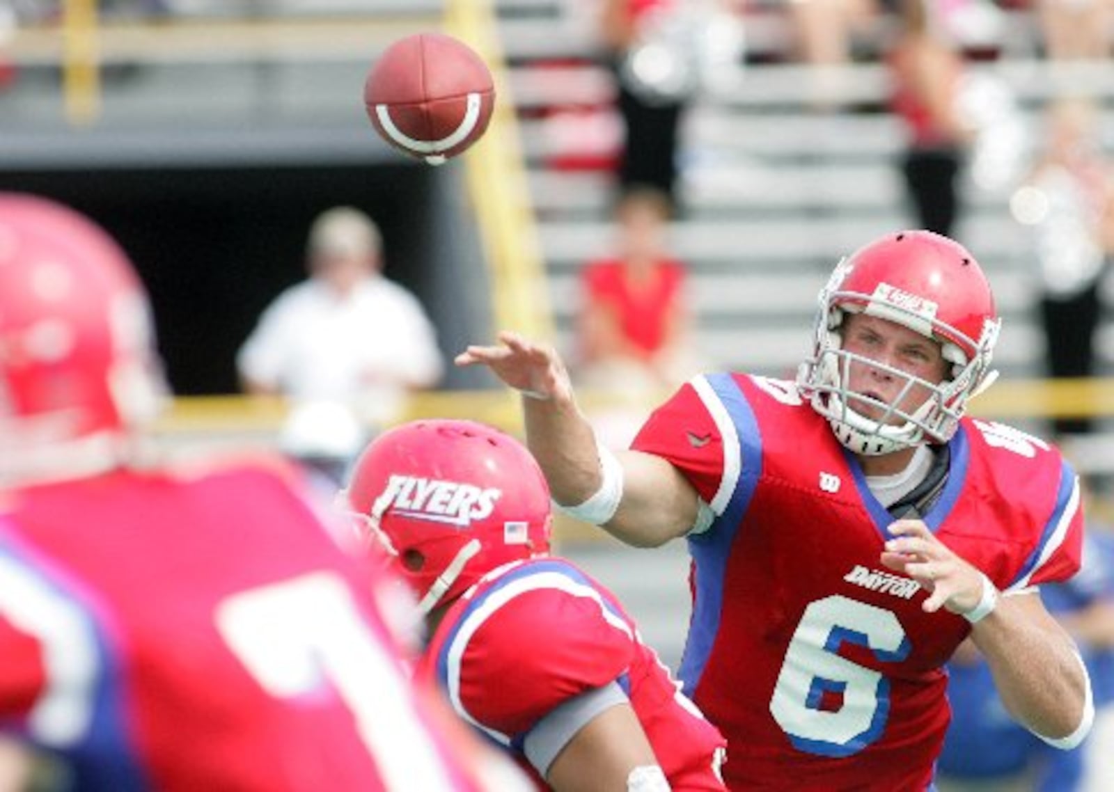 8 Sept 07 Photo by Ron Alvey. Kevin Hoyng, the quarterback for the Dayton Flyers, throws a pass as Dayton host Urbana University at Welcome Stadium.