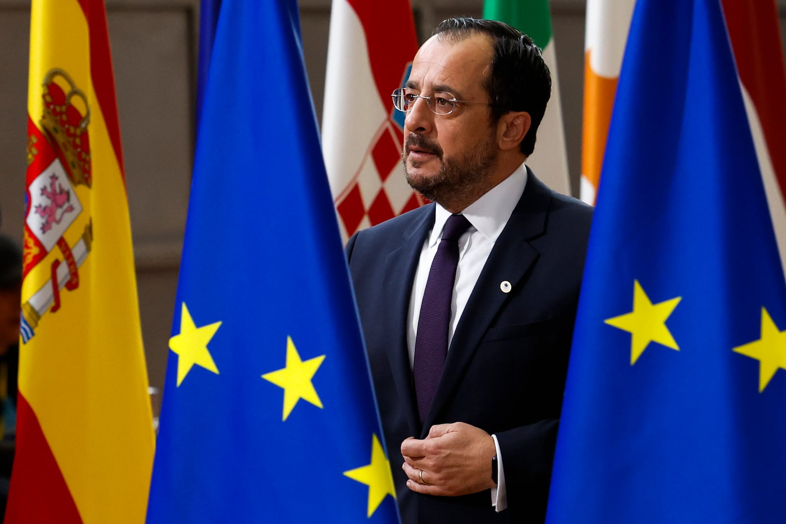 Cypriot President Nikos Christodoulides arrives to an EU summit in Brussels, Thursday, Oct. 17, 2024. (AP Photo/Geert Vanden Wijngaert)