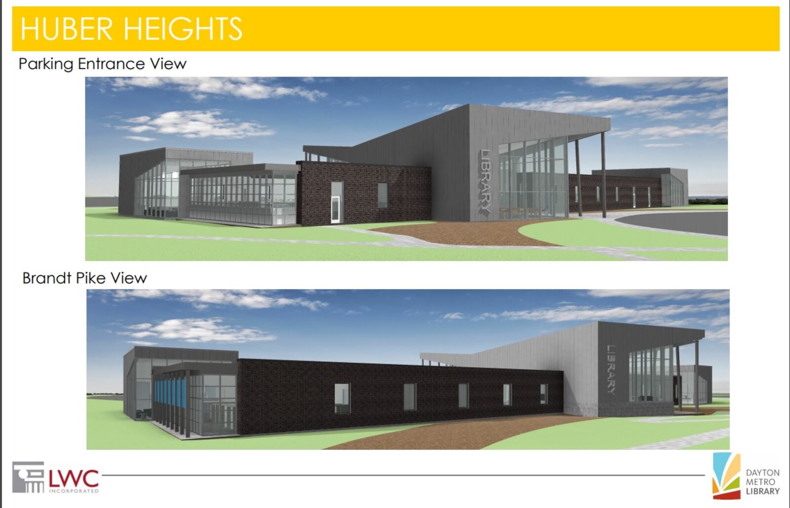 Two ways of looking at the new Huber Heights library branch from the outside. Courtesy of Dayton Metro Library.