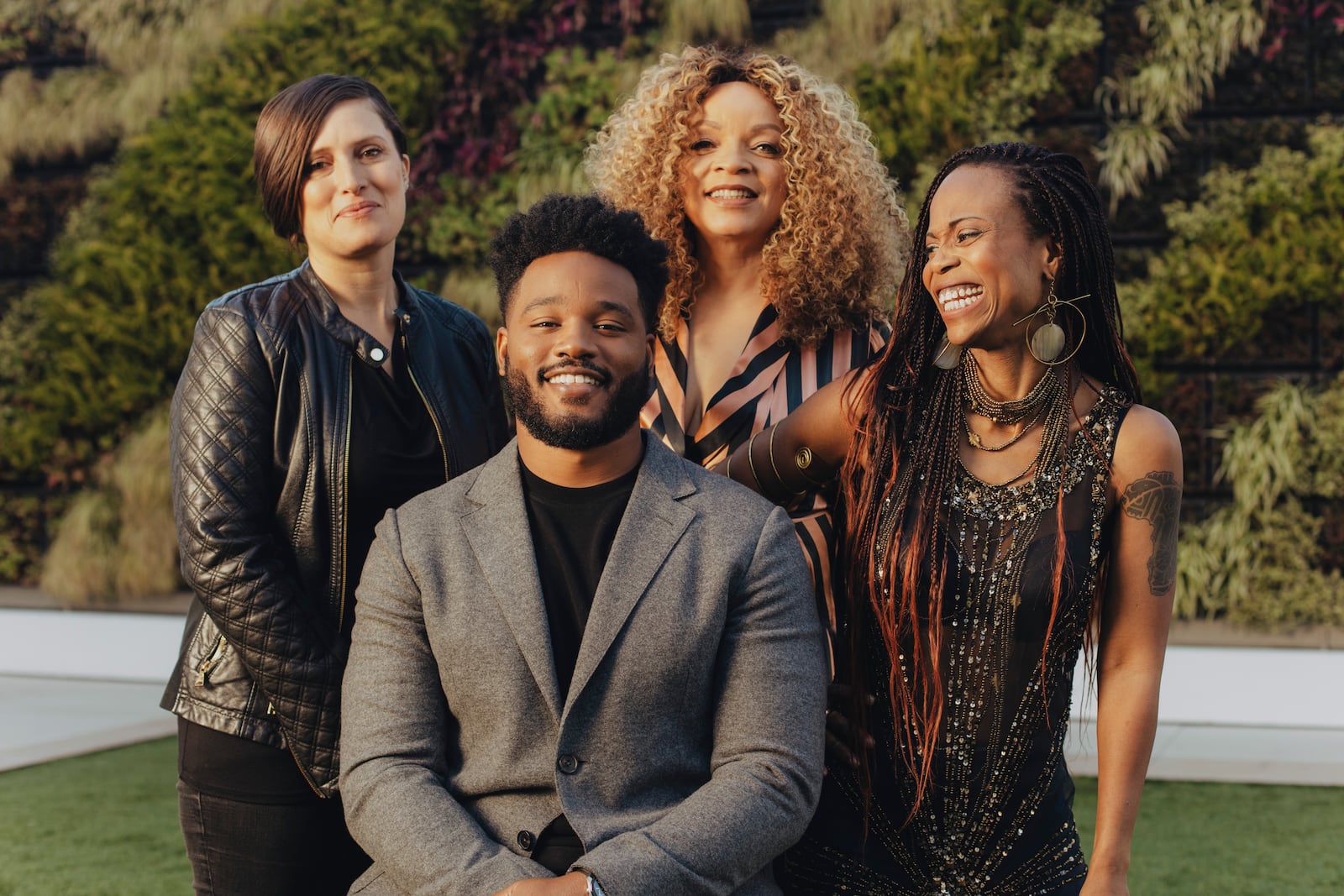 Ryan Coogler with some of his "Black Panther" department heads: from left, the cinematographer Rachel Morrison, the costume designer Ruth E. Carter, and the production designer Hannah Beachler, in Beverly Hills, Calif., Nov. 3, 2018. The crew of Black Panther is unusual among blockbusters for its large number of female department heads. (Rozette Rago/The New York Times)