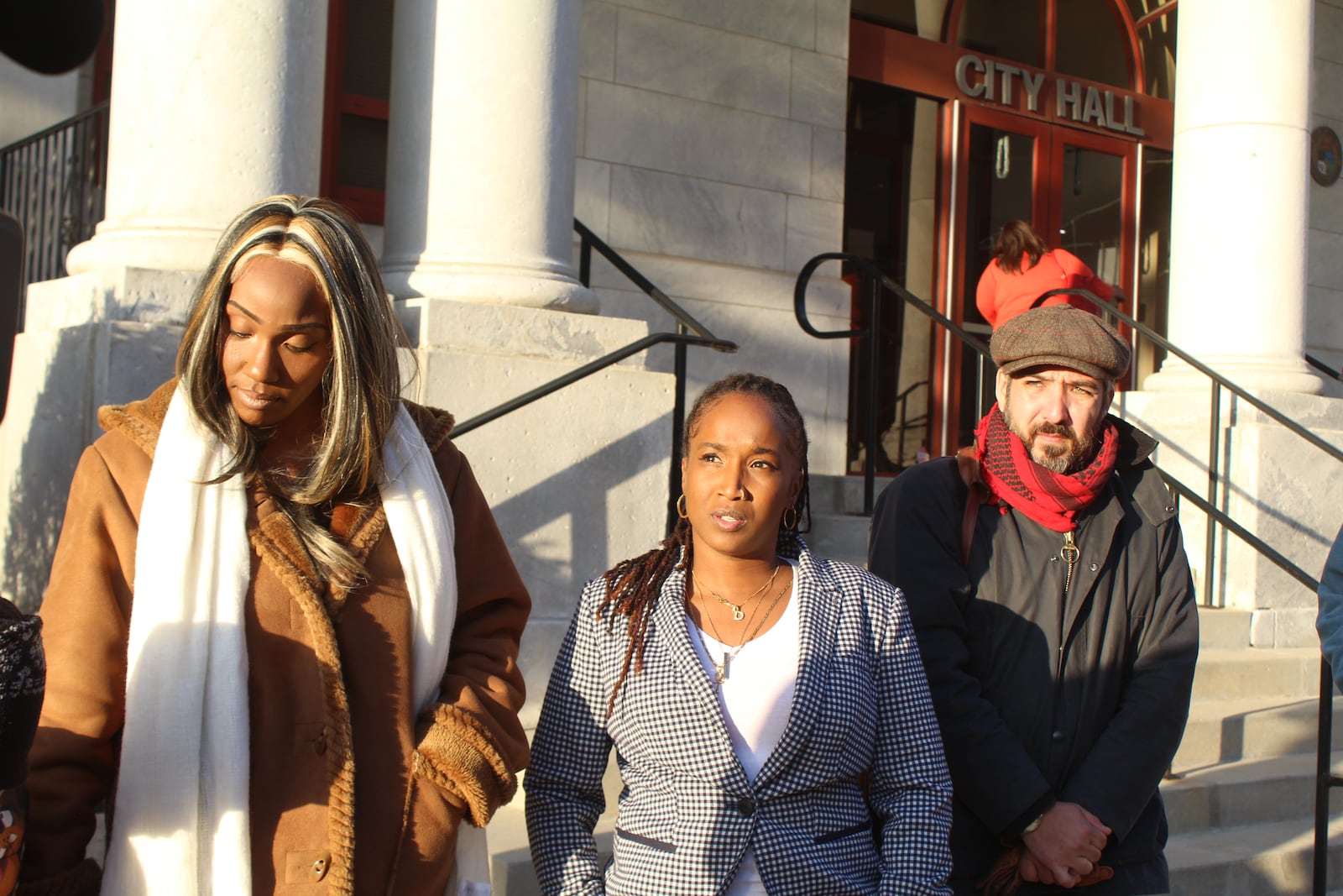 From left, Alice Wood, Destiny Brown and Alex Gorman outside of Dayton City Hall on Wednesday, Nov. 1, 2023. Wood and Gorman are members of the Dayton Tenant Union, and Brown is a community organizer with Advocates for Basic Legal Equality (ABLE). CORNELIUS FROLIK / STAFF