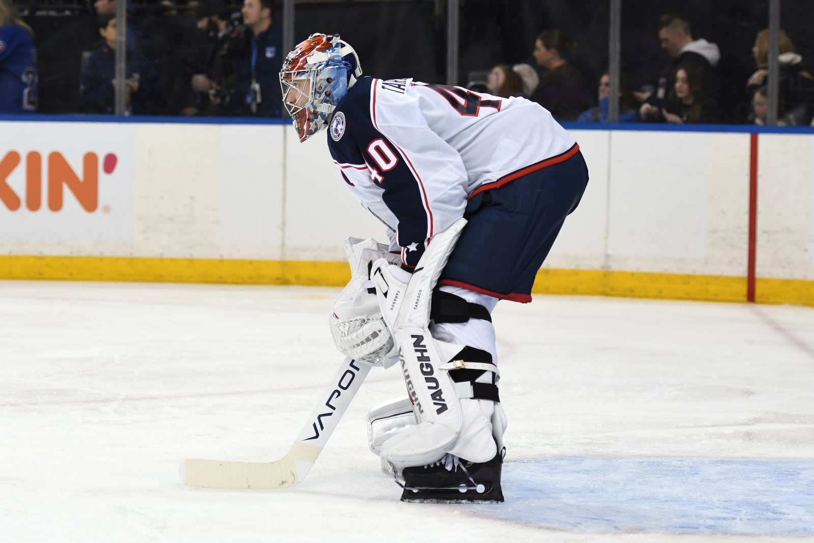 Columbus Blue Jackets' Daniil Tarasov stands in the goal during the second period of an NHL hockey game against the New York Rangers Saturday, Jan. 18, 2025, in New York. (AP Photo/Pamela Smith)