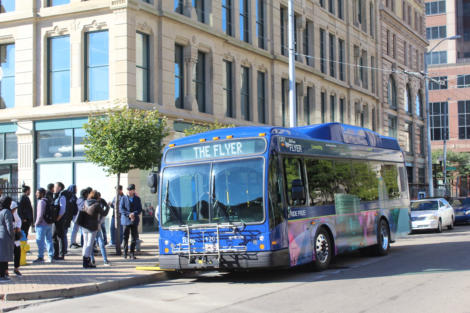 The Greater Dayton Regional Transit Authority’s new free shuttle service, called the Flyer, launched Nov. 9, 2018. The service makes getting around downtown a lot easier, as well as and traveling between the University of Dayton and the heart of the city. CORNELIUS FROLIK / STAFF