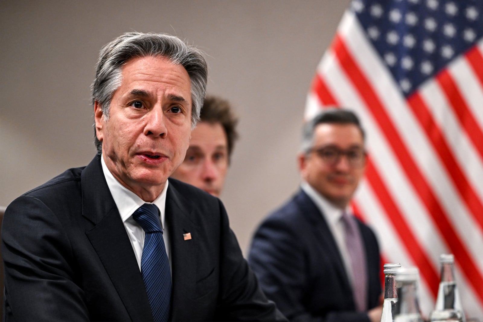 US Secretary of State Antony Blinken speaks during his meeting with the United Nations (UN) Special Envoy for Syria in Jordan's southern Red Sea coastal city of Aqaba, Saturday Dec. 12, 2024. (Andrew Caballero-Reynolds/Pool via AP)