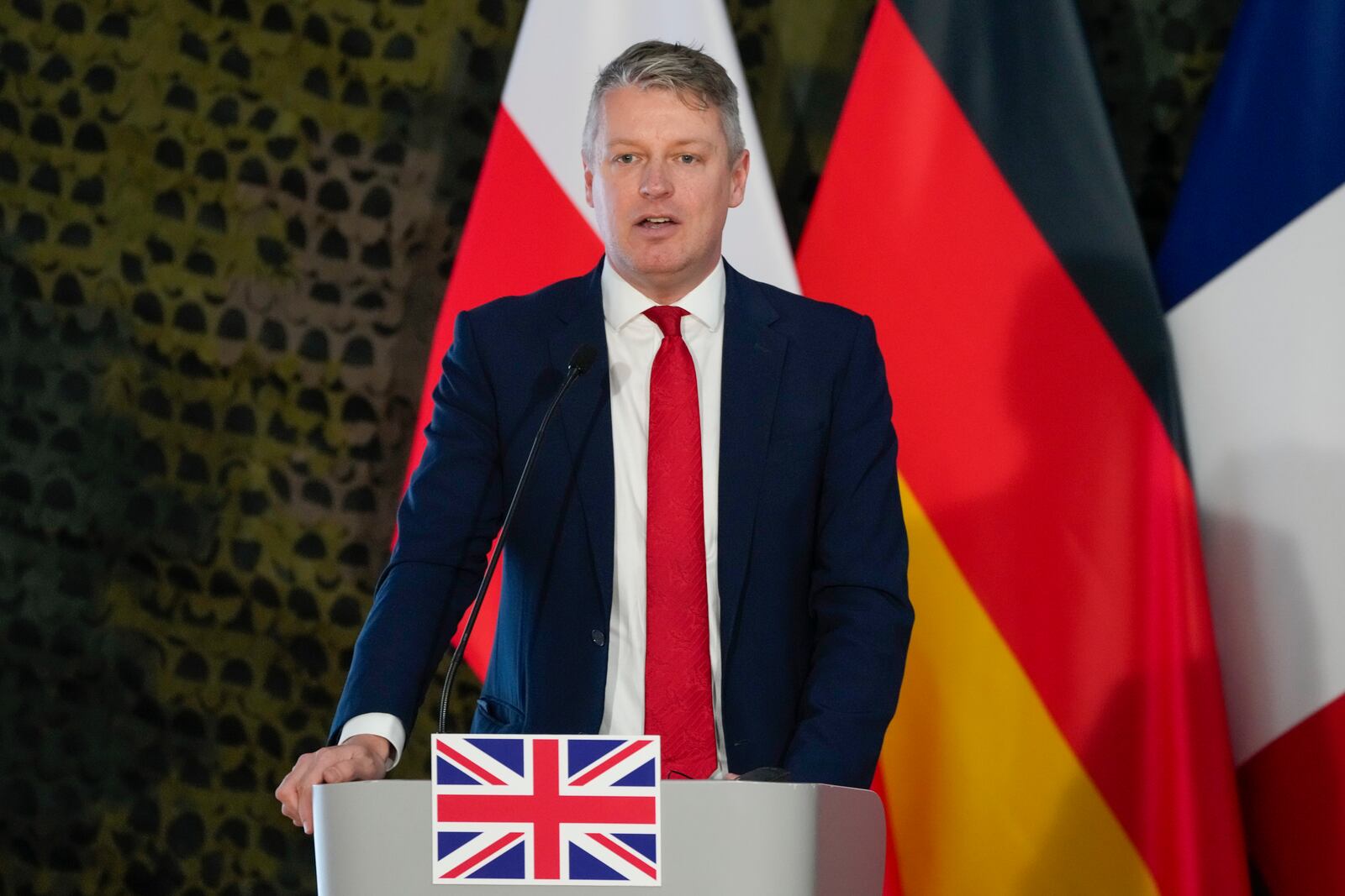 Luke Pollard, Parliamentary Under-Secretary of State in the Britain's Ministry of Defence speaks during a news conference after a meeting of defense ministers of five NATO countries to discuss coordinating their defense plans and support for Ukraine, in the village of Helenow, near Warsaw, Poland, Monday, Jan. 13, 2025. (AP Photo/Czarek Sokolowski)