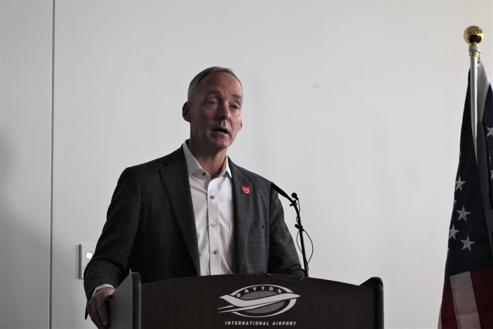 Jeff Hoagland, president and CEO of the Dayton Development Coalition, speaks at a news conference at the Dayton international Airport in early November 2022. CORNELIUS FROLIK / STAFF