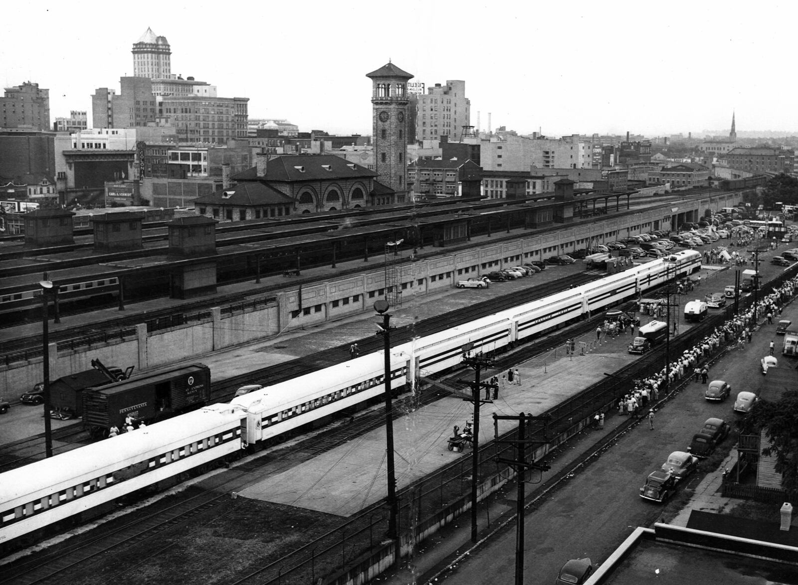 Dayton's Union Station photographed in 1948. Daytonâs Union Station, described as a âhandsome palaceâ when it opened, was dedicated July 21, 1900.A seven-story clock tower crowned the new station, which was an upgrade from an earlier round-topped depot built in the mid-1850s. Dayton Daily News headlines described the opening as âA Happy Dayâ and a âSplendid Occasion.â>>> PHOTOS: Views of Union Station through the yearsâNo greater evidence of a metropolitan stride has been presented with the passing of the century than the formal opening of Daytonâs magnificent Union railway station today,â the newspaper reported.The story went on to boast, âIt is unquestionably the handsomest in interior construction in the United States.âCrowds paid 10 cents each for admission to the new building. They marveled at the blue and white decorations, ate ice cream and confections and twirled across a platform reserved as a dance floor.In the first 30 years, as many as 66 passenger trains served Dayton on a daily basis, according to the Dayton Railway Historical Society website. For decades the train station was a point of departure for significant events in the city.Union Station was the scene of tearful farewells and joyous reunions during World War II. Child actress Shirley Temple was greeted at the station in 1944 and escorted downtown to attend the Midwest movie premiere of David O. Selznickâs, âSince You Went Awayâ at Loewâs Theater.    MORE THROWBACK THURSDAY FEATURES    Â» When golf's elite visited Miami Valley Golf Club    Â» James H. McGee, Dayton's trailblazing mayor In 1948, President Harry S. Trumanâs re-election campaign rolled into the station for a speech at Memorial Hall.Fewer people across the country rode the rails in the 1960s, which was the starting point for the downsizing of the station. Over the next two decades, Union Station was demolished bit by bit. The last passenger train left the station in 1979. DAY