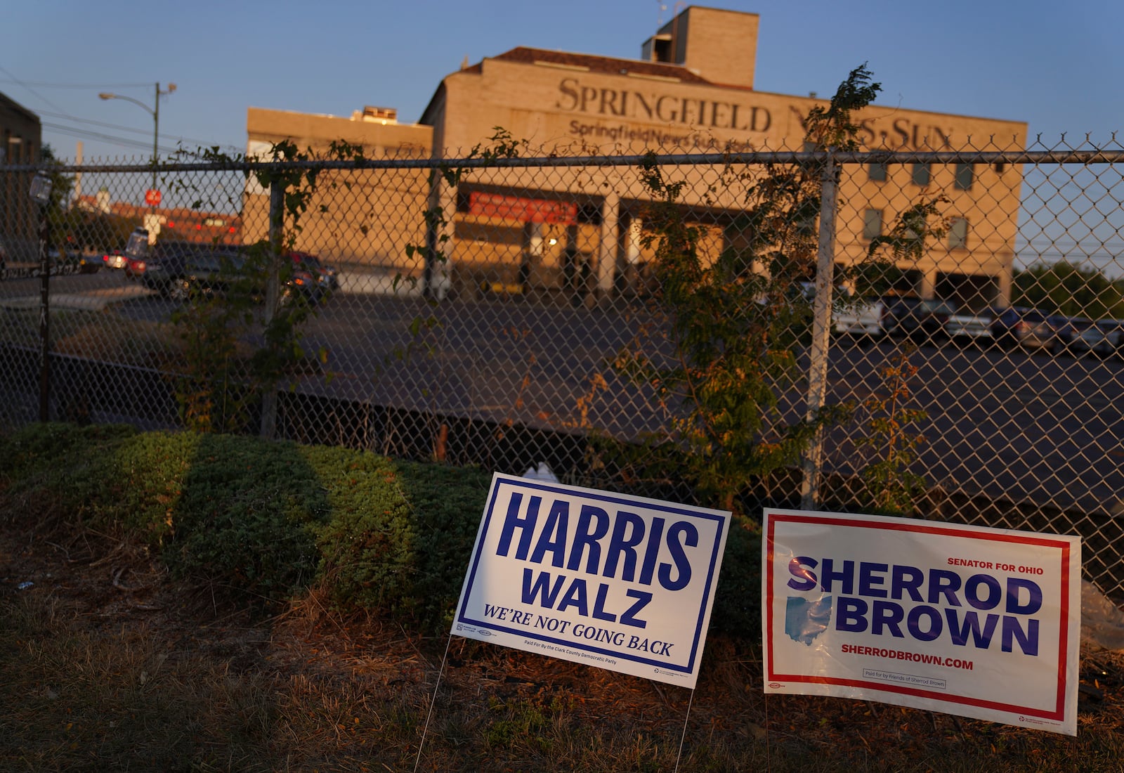 FILE - A campaign sign for Vice President Kamala Harris and Gov. Tim Walz is displayed in Downtown Springfield, Ohio, near the Springfield News Sun building, Sept. 16, 2024. (AP Photo/Jessie Wardarski, File)