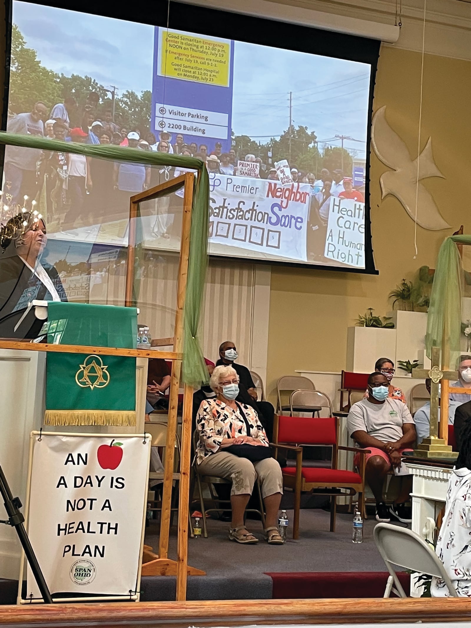 Rev. Dr. Merritt Worthen, president of the Clergy Community Coalition, addresses local residents of West Dayton during a town hall held Monday at College Hill Church. The town hall was held with guest speaker Premier Health CEO Michael Riordan to address the old Good Samaritan Hospital site. SAMANTHA WILDOW\STAFF