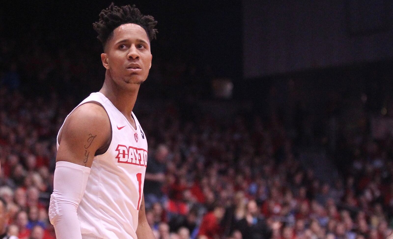 Dayton's Darrell Davis reacts to a play during a game against Auburn on Nov. 29, 2017, at UD Arena.