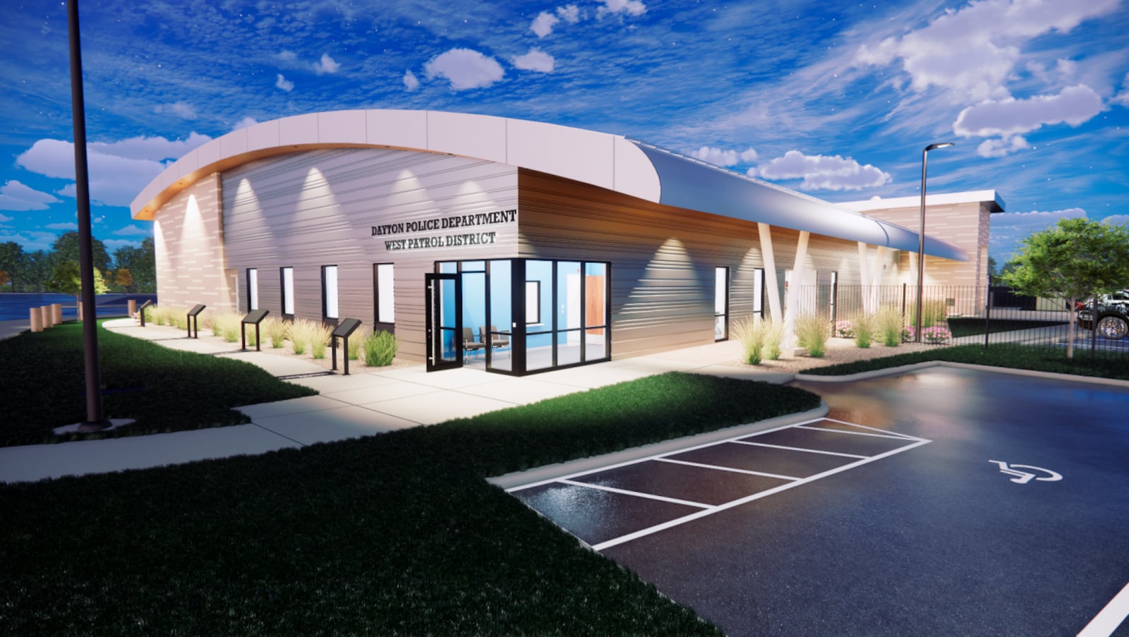 A rendering of the new Dayton police station for the West Patrol District near the intersection of Abbey Avenue and West Third Street. CONTRIBUTED