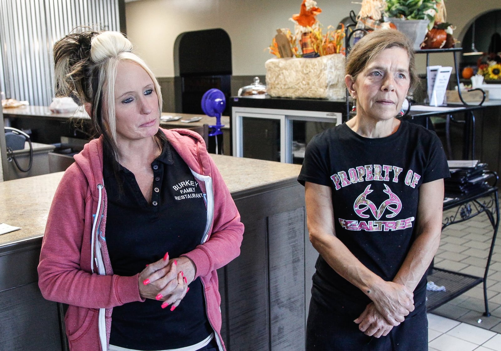 Shawn Peoples and Marsha Tidwell, employees at Burkey Family Restaurant in Harrison Twp., said while the restaurant was closed for more than five weeks for tornado repairs, business has stepped up due to exposure resulting from tornado news. CHRIS STEWART / STAFF