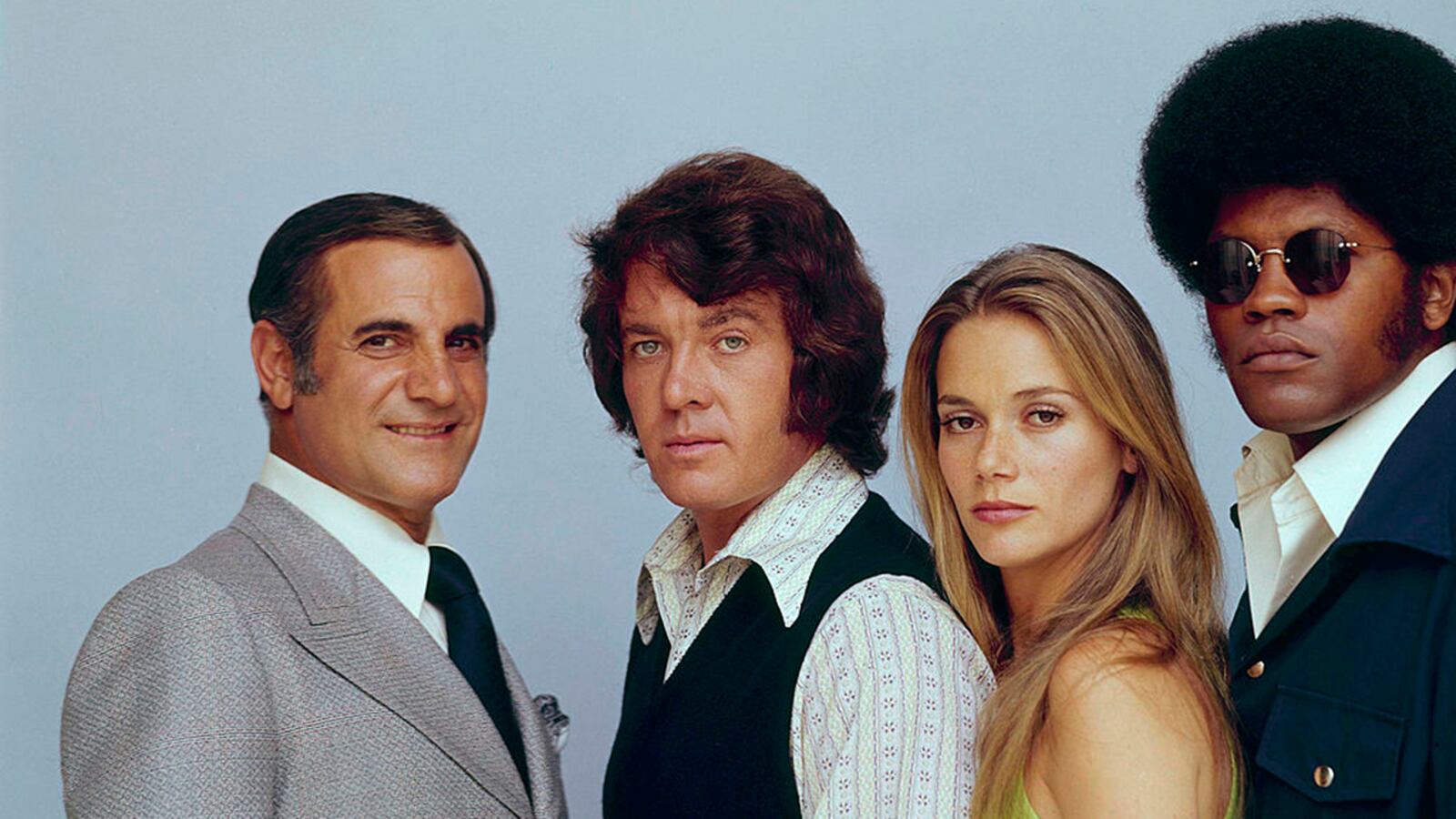 A publicity shot in 1972 for 'The Mod Squad' with, starting from the left, Tige Andrews, Michael Cole, Peggy Lipton and Clarence Williams III.