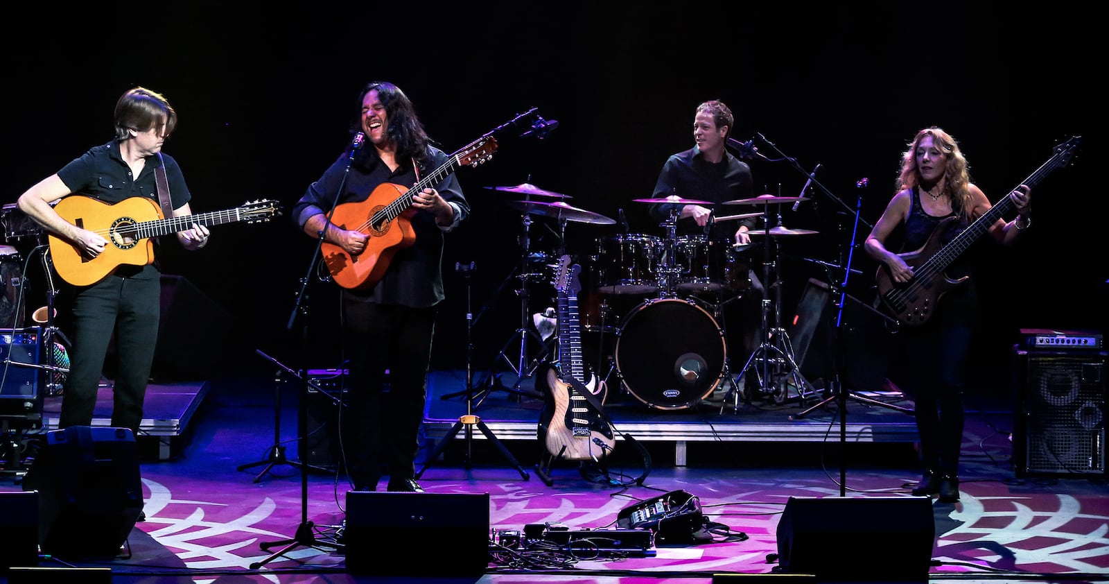 California-based instrumental group Incendio, (left to right) Jim Stubblefield, Jean Pierre “JP” Durand, Timothy Curle and Liza Carbé, perform at Levitt Pavilion in Dayton on Friday, July 29.