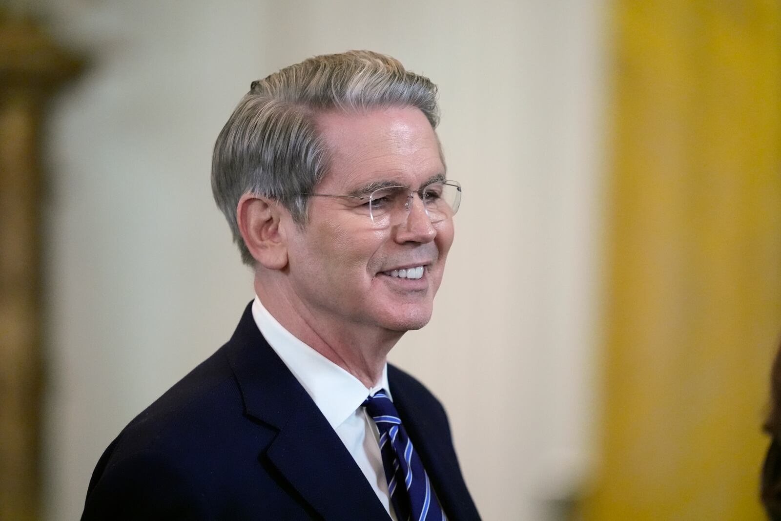 Secretary of Treasury Scott Bessent arrives before President Donald Trump and Israeli Prime Minister Benjamin Netanyahu arrive to a news conference in the East Room of the White House, Tuesday, Feb. 4, 2025, in Washington. (AP Photo/Alex Brandon)