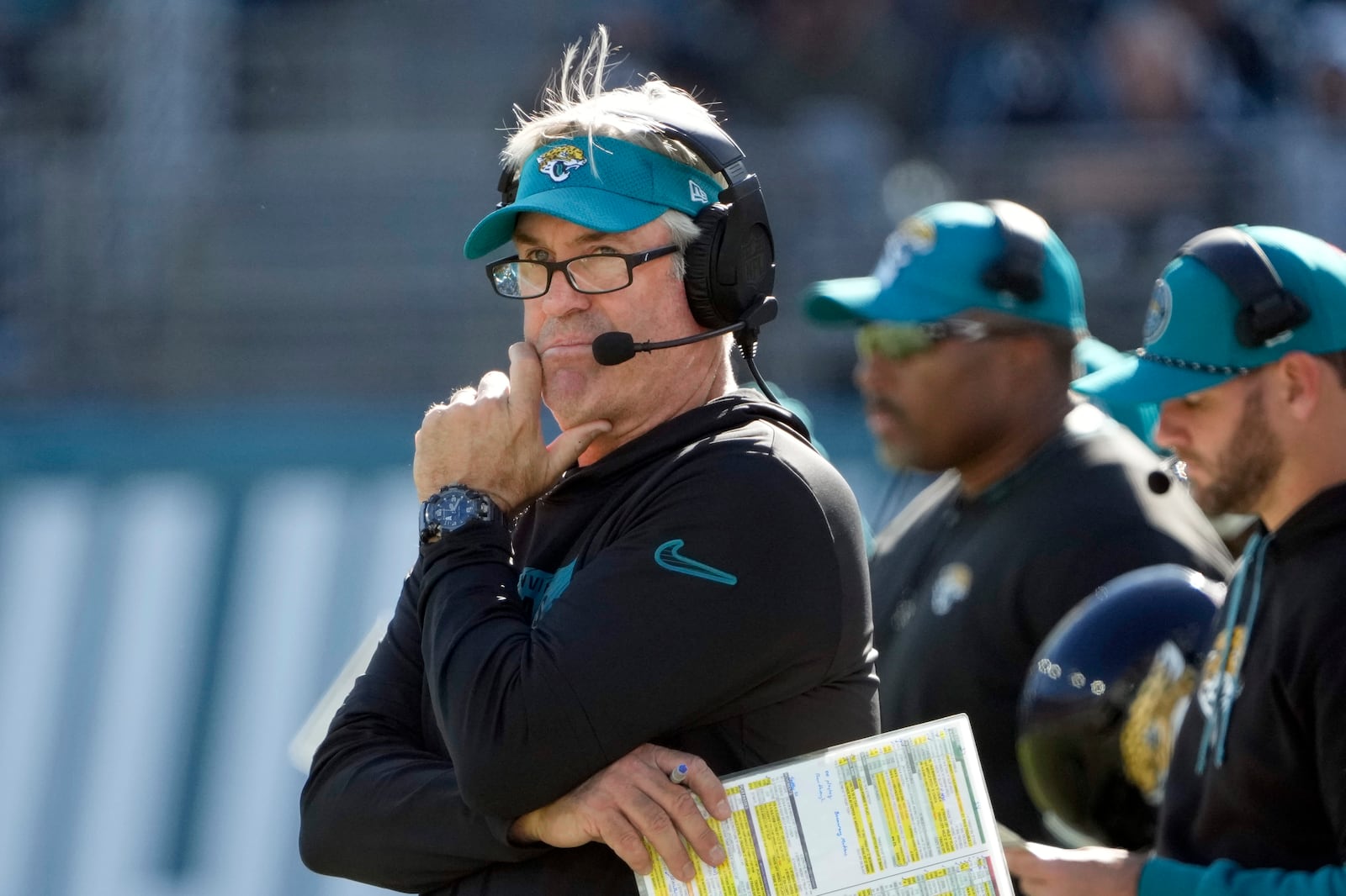 Jacksonville Jaguars head coach Doug Pederson watches play against the Houston Texans during the first half of an NFL football game Sunday, Dec. 1, 2024, in Jacksonville, Fla. (AP Photo/John Raoux)