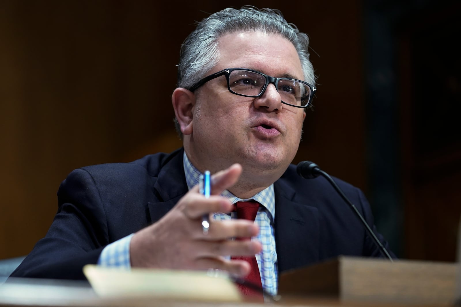 FILE - Mark Calabria, director of the Federal Housing Finance Agency, speaks during a Senate Finance Committee hearing on March 7, 2023, on Capitol Hill in Washington. (AP Photo/Mariam Zuhaib, File)