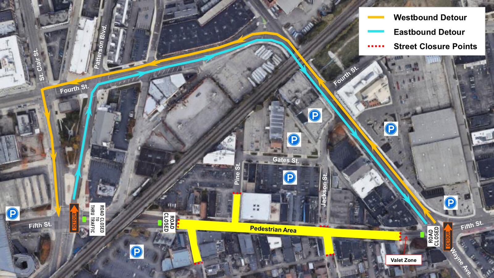 The city of Dayton will close Fifth Street in the area of Out on 5th beginning each Friday at 3 p.m., and the road will remain closed through early Monday mornings. The official traffic detours take drivers around the closure using Patterson Boulevard to Fourth Street to Wayne Avenue (and reverse).