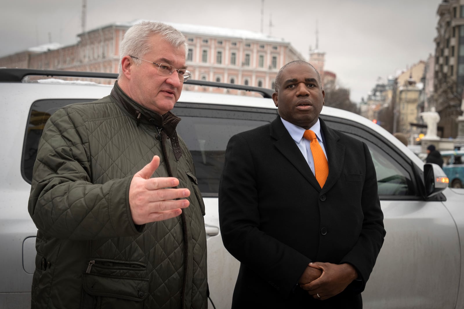 Britain's Foreign Secretary David Lammy, right, speaks to Ukraine's Foreign Minister Andriiy Sybiha, during their meeting in Kyiv, Ukraine, Wednesday, Feb. 5, 2025. (AP Photo/Efrem Lukatsky)