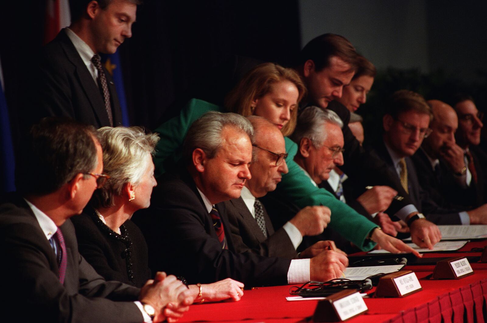 President Slobodan Milosevic of the Federal Republic of Yugoslavia, President Alija Izetbegovic of the Republic of Bosnia and Herzegovina, and President Franjo Tudjman of the Republic of Croatia initial the Dayton Peace Accords. The Balkan Proximity Peace Talks were conducted at Wright-Patterson Air Force Base Nov. 1-21, 1995. The talks ended the conflict arising from the breakup of the Republic of Yugoslavia. The Dayton Accords paved the way for the signing of the final “General Framework Agreement for Peace in Bosnia and Herzegovina” on Dec. 14 at the Elysee Palace in Paris. PUBLIC DOMAIN: U.S. Air Force/Staff Sgt. Brian Schlumbohm 