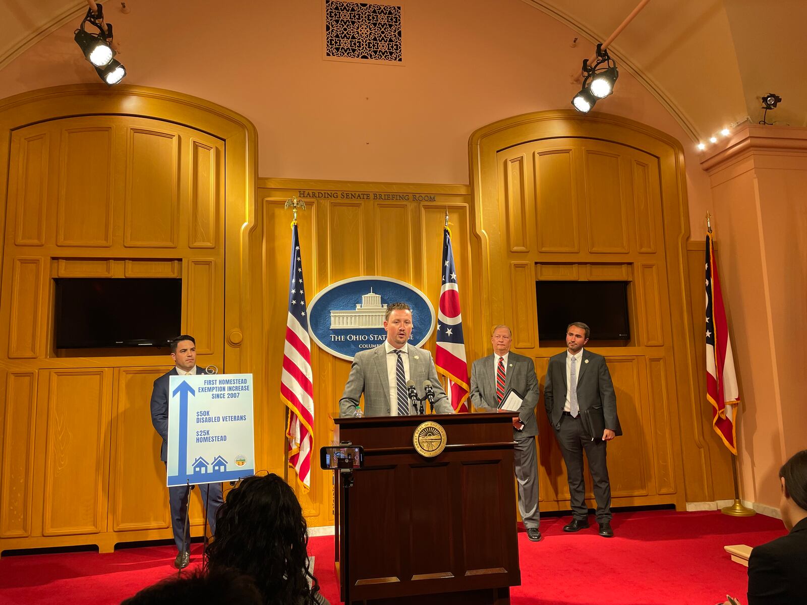 Butler County Rep. Thomas Hall, R-Madison Twp., speaking at a scheduled press conference highlighting changes to Ohio's Homestead Exemption program on Wednesday, Aug. 16, 2023.