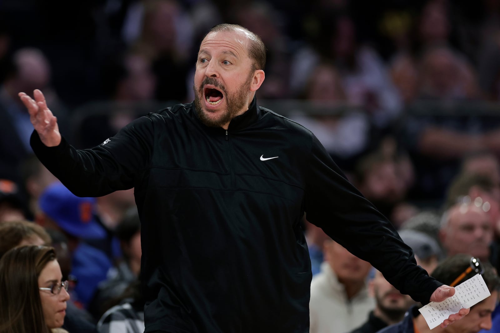 New York Knicks head coach Tom Thibodeau reacts during the second half of an NBA basketball game against the Toronto Raptors, Monday, Dec. 23, 2024, in New York. The Knicks won 139-125. (AP Photo/Adam Hunger)