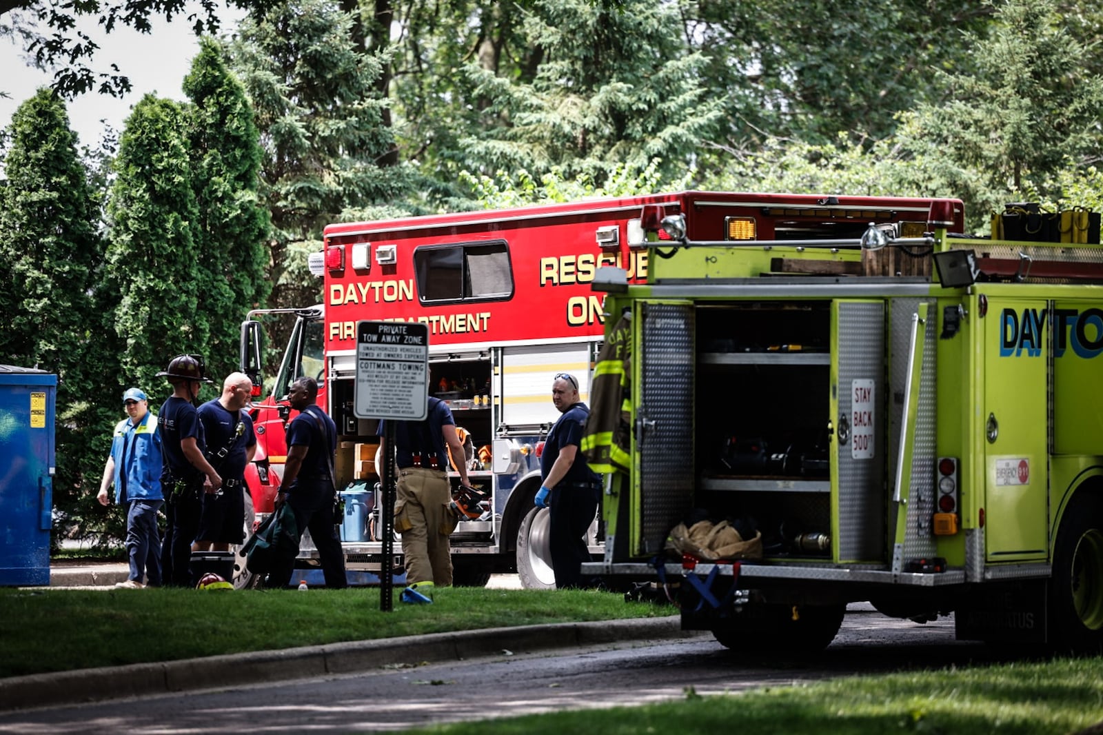 Dayton fire crews rescued a woman Monday, June 3, 2024, who fell into a trash compactor at Dayton Towers. It took crews hours to free her. The woman is at Miami Valley Hospital in critical condition. JIM NOELKER/STAFF