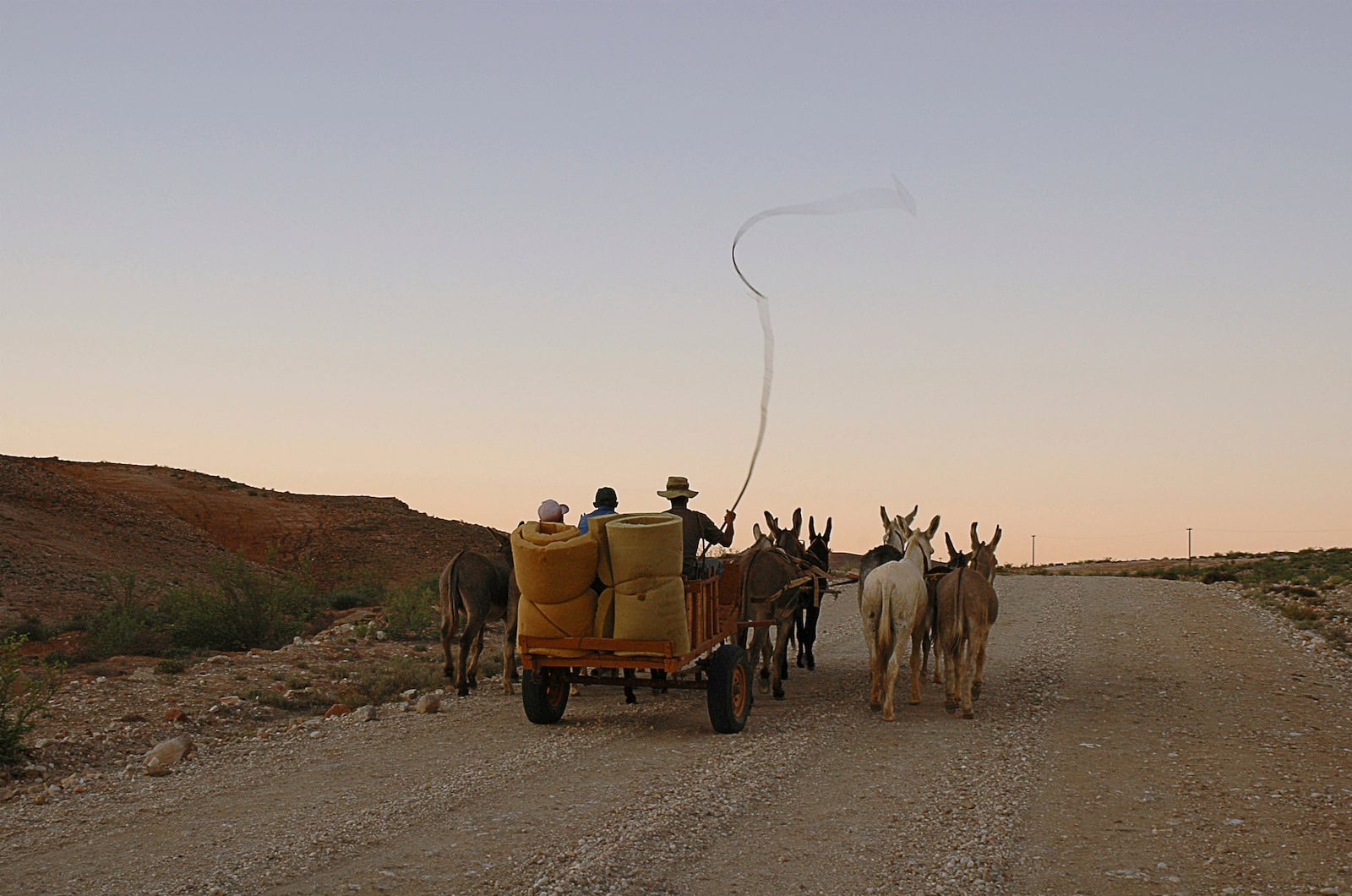 FILE - A donkey-drawn cart carries people from the Richtersveld area in the North Western Cape Provice, South Africa, March 2005 where they live as they await the outcome of a lands claim action in nearby Alexandra Bay. (AP Photo/Mujahid Safodien, File)