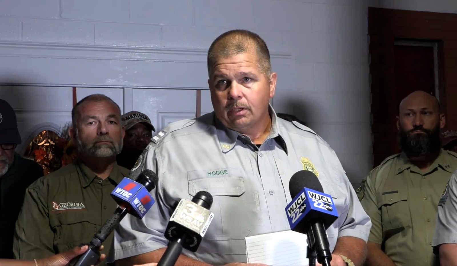 Georgia Department of Natural Resources, Captain Chris Hodge speaks during a news conference after a gangway collapse on Sapelo Island, Ga in McIntosh county, Sunday, Oct. 20, 2024. (AP Photo/Lewis M. Levine)