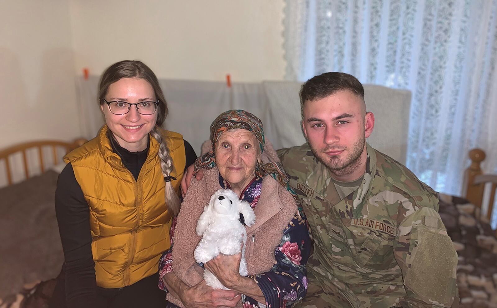 Airman 1st Class Davyd Bielykh and his wife, Lena, visit with his great-grandmother, Nina Logyn. “She lives now in California, but has been through World War II, holocausts and Holodomor. She is still alive, at 92 years old,” he says, adding she moved to the U.S. when she was 83 or 84. CONTRIBUTED PHOTO