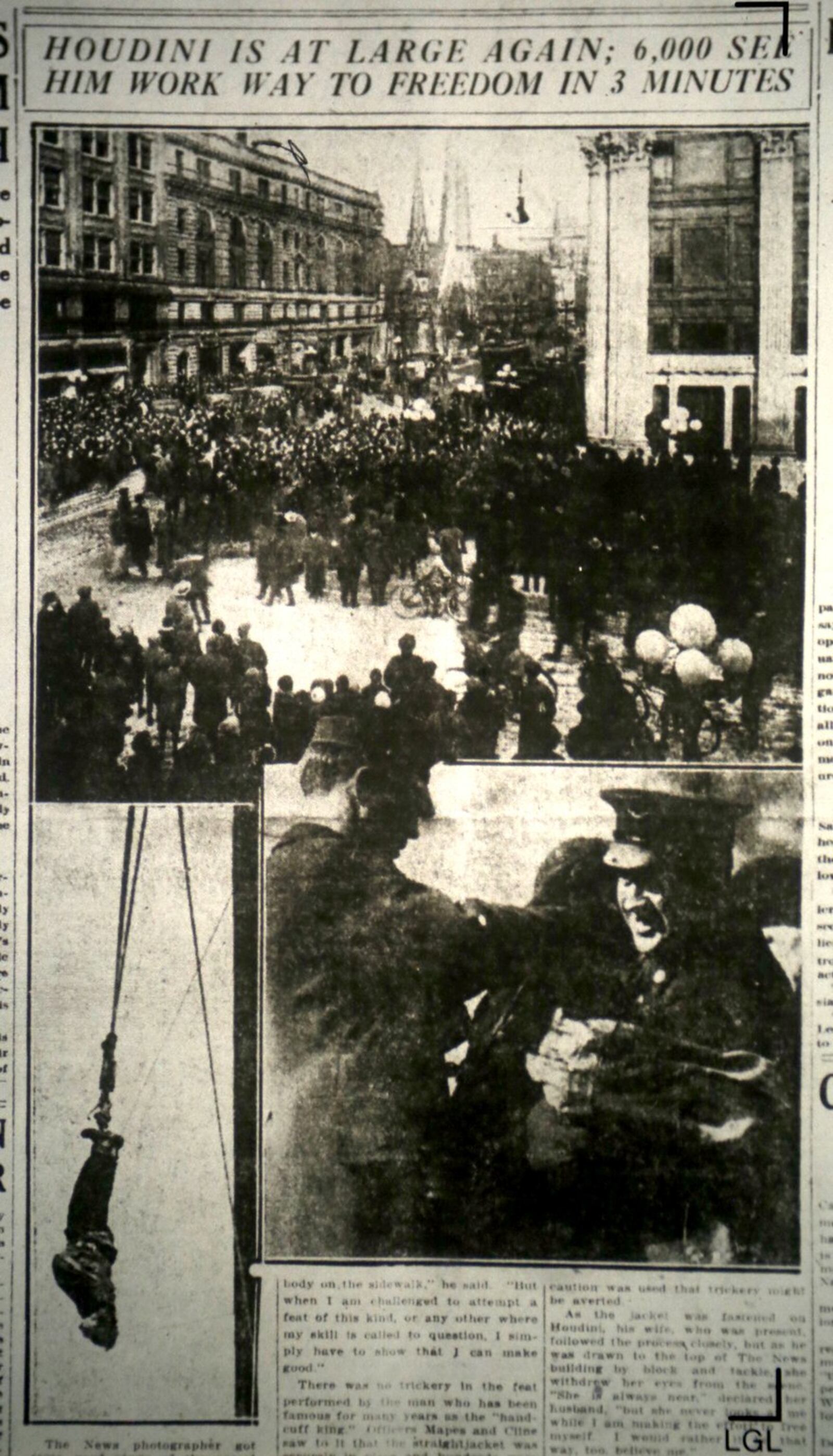 The front page of the Dec. 11, 1916 Dayton Daily News detailed Houdini’s escape from a straight jacket while hanging from his ankles over Fourth and Ludlow Streets in three photos and a story. DAYTON DAILY NEWS ARCHIVES