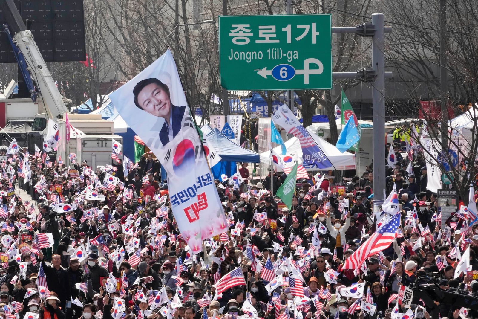 Supporters of impeached South Korean President Yoon Suk Yeol stage a rally to oppose his impeachment in Seoul, South Korea, Saturday, March 8, 2025. (AP Photo/Ahn Young-joon)