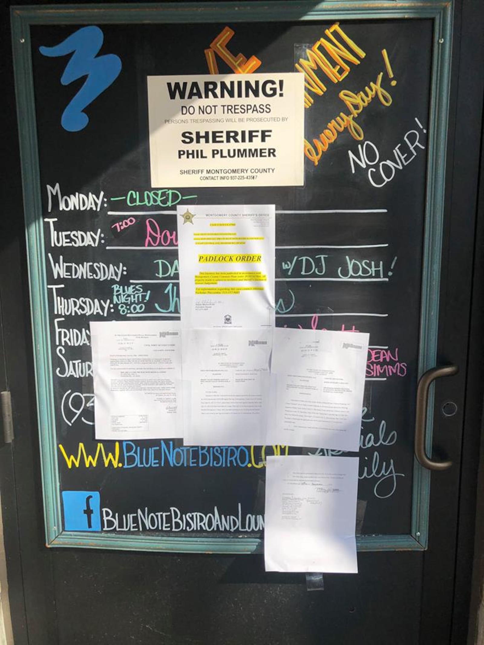 The Blue Note Bistro is currently padlocked and its future is uncertain amidst an ongoing legal dispute over finances. The following sign was posted at the entrance to the club on Tuesday, Oct. 9, 2018. CONTRIBUTED