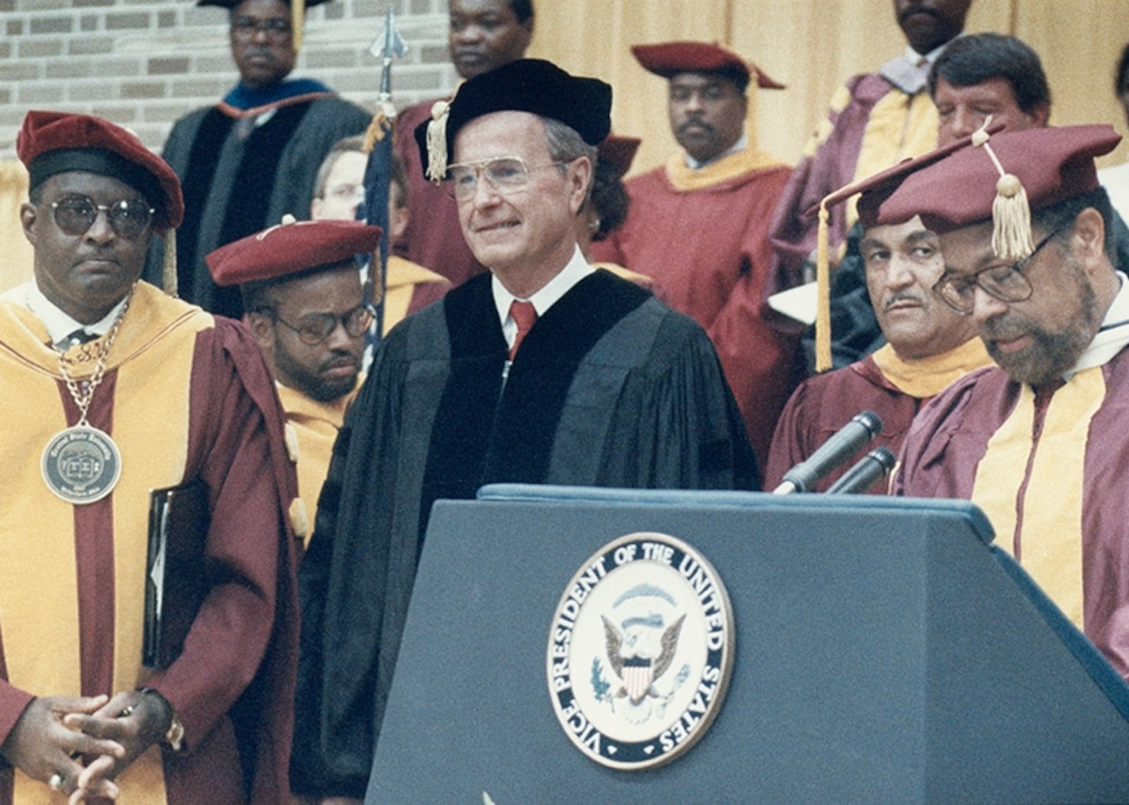 Vice President George H.W. Bush speaking at the Central State University commencement on June 11, 1988.