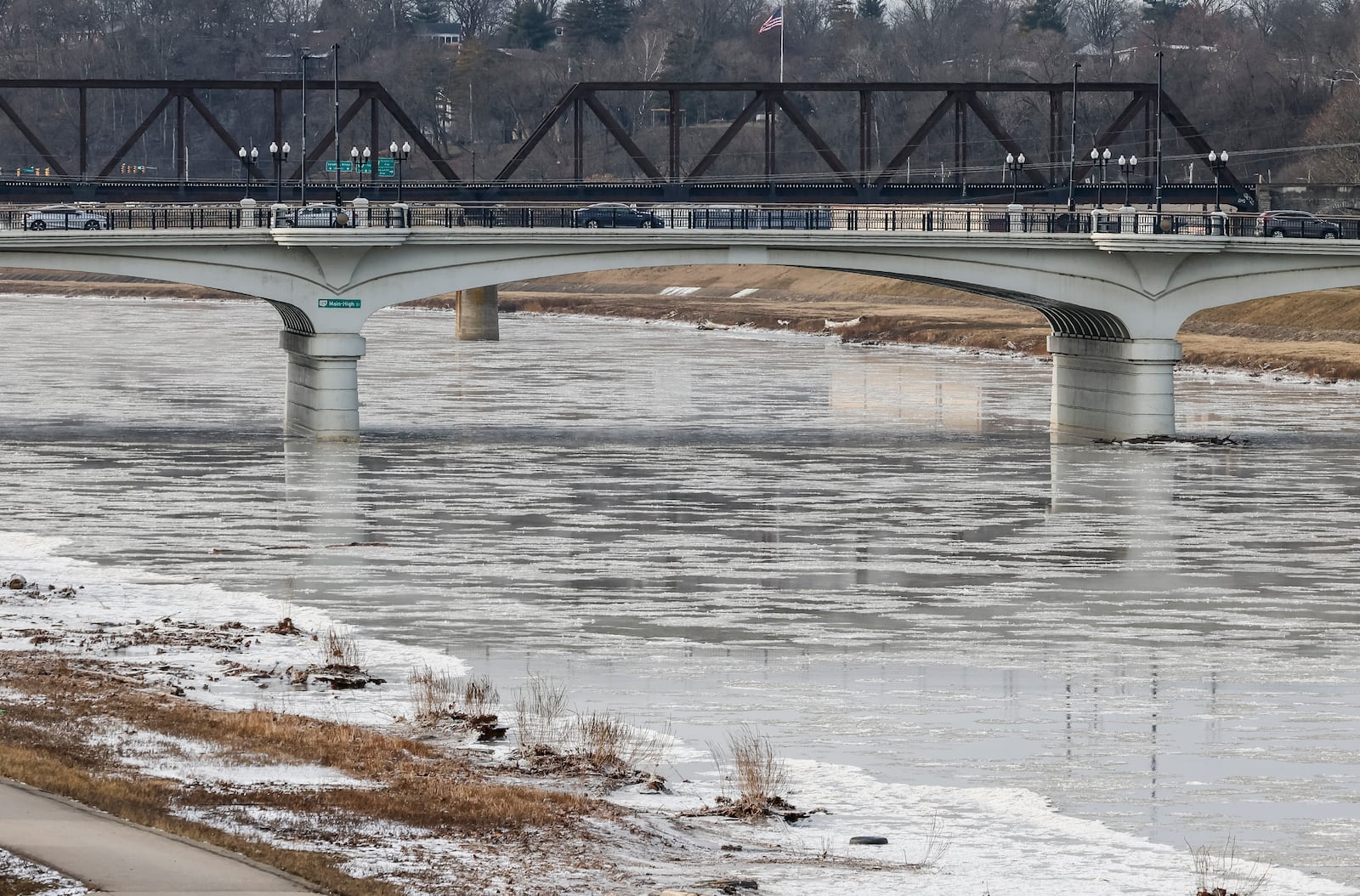 Below freezing temperatures has ice forming in areas of the Great Miami River Monday morning, Jan. 15, 2024 in Hamilton. NICK GRAHAM/STAFF