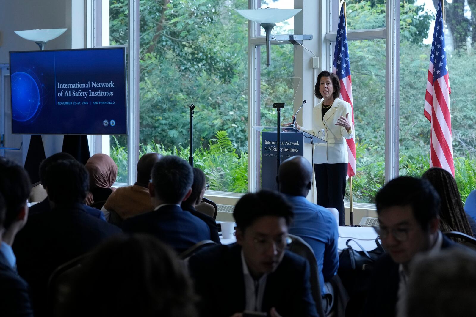 Secretary of Commerce Gina Raimondo speaks at the convening of the International Network of AI Safety Institutes at the Golden Gate Club at the Presidio in San Francisco, Wednesday, Nov. 20, 2024. (AP Photo/Jeff Chiu)