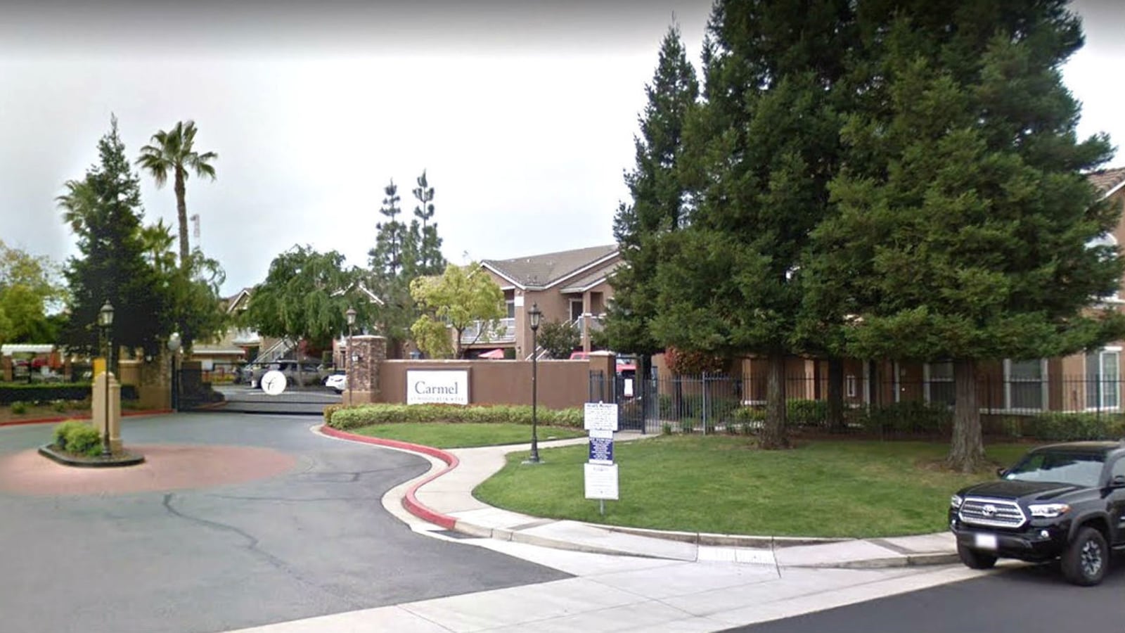 An April 2019 Street View image shows Carmel at Woodcreek West, the Roseville, Calif., complex where Shankar Hangud told police he killed his relatives. He turned himself in Monday, Oct. 14, 2019, after driving over 200 miles with a victim's body.