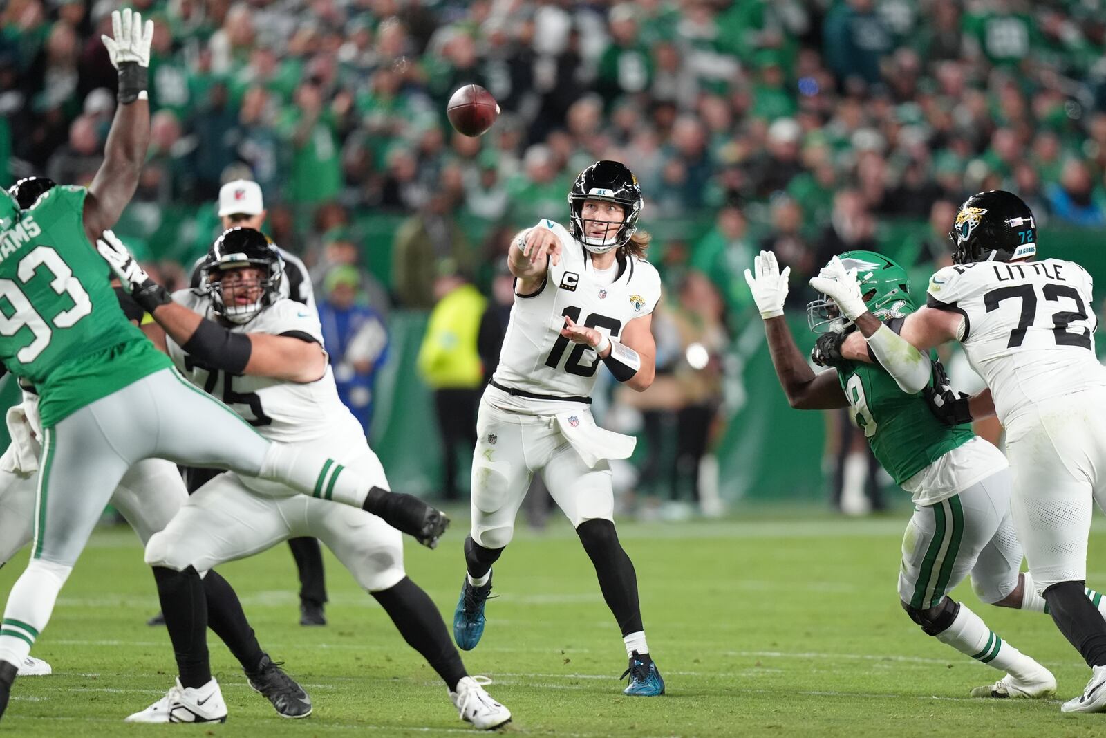 Jacksonville Jaguars quarterback Trevor Lawrence (16) throws during the second half of an NFL football game against the Philadelphia Eagles on Sunday, Nov. 3, 2024, in Philadelphia. (AP Photo/Chris Szagola)