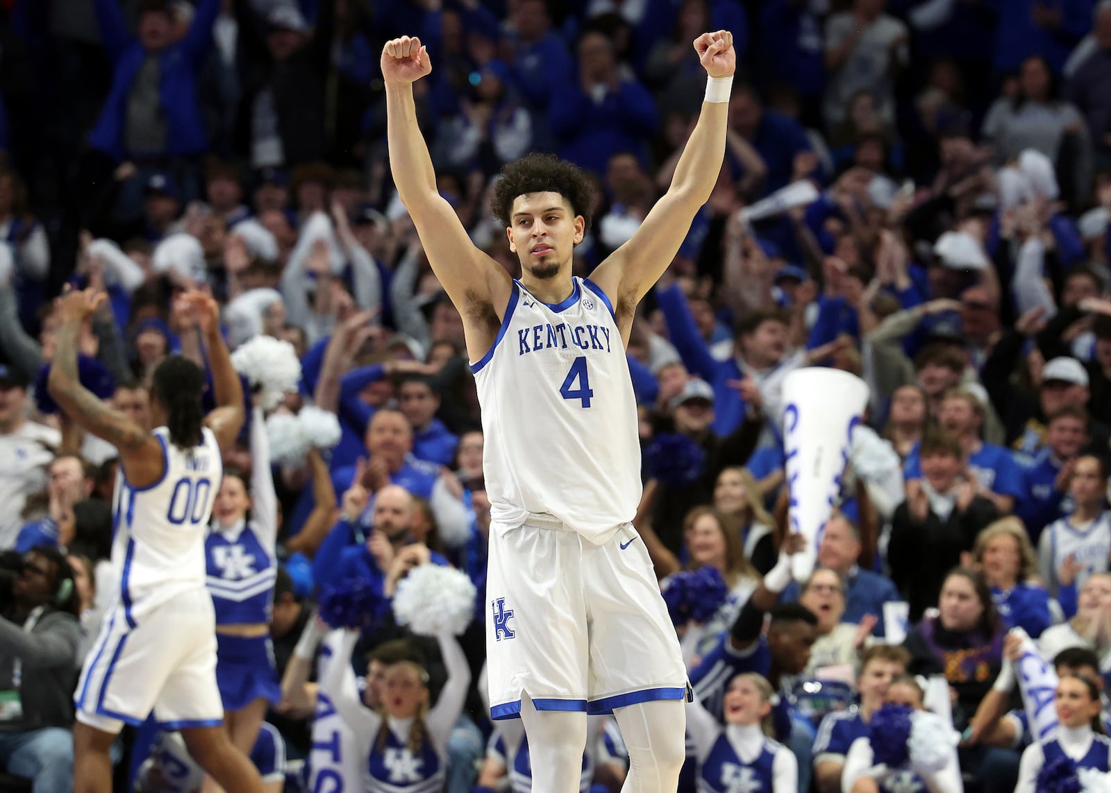 Kentucky's Koby Brea (4) celebrates after an NCAA college basketball game against Florida in Lexington, Ky., Saturday, Jan. 4, 2025. (AP Photo/James Crisp)