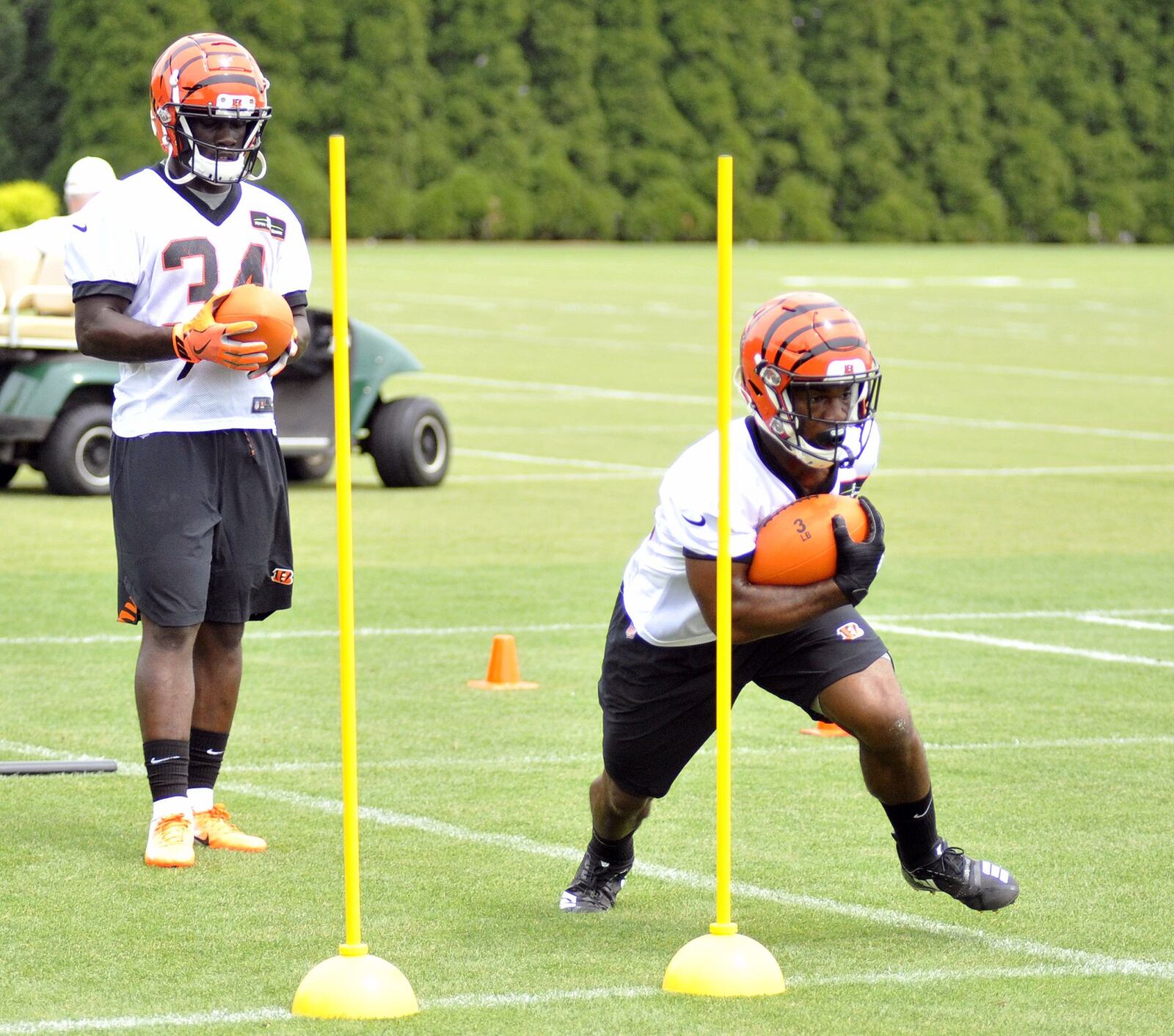 Cincinnati Bengals rookie back Mark Walton runs through a drill while teammate Quinton Flowers watches during rookie camp last weekend.