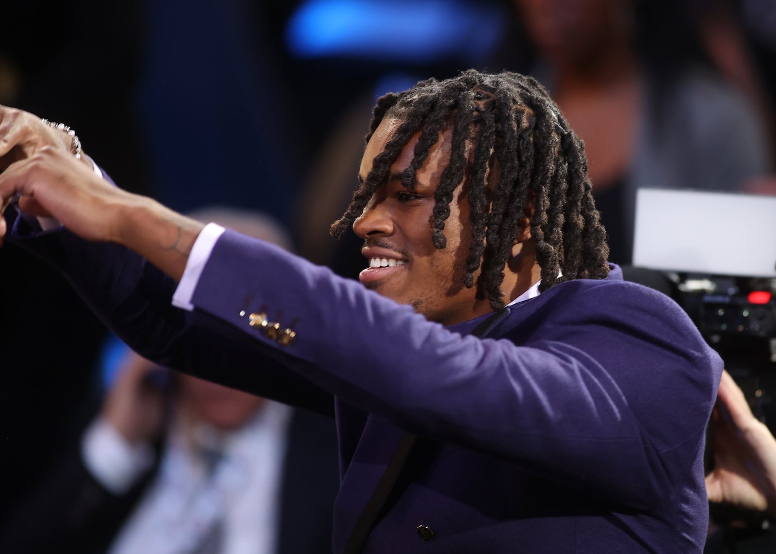 DaRon Holmes reacts after being selected with the No. 22 pick in the NBA Draft on Wednesday, June 26, 2024, at the Barclays Center in Brooklyn, N.Y. David Jablonski/Staff