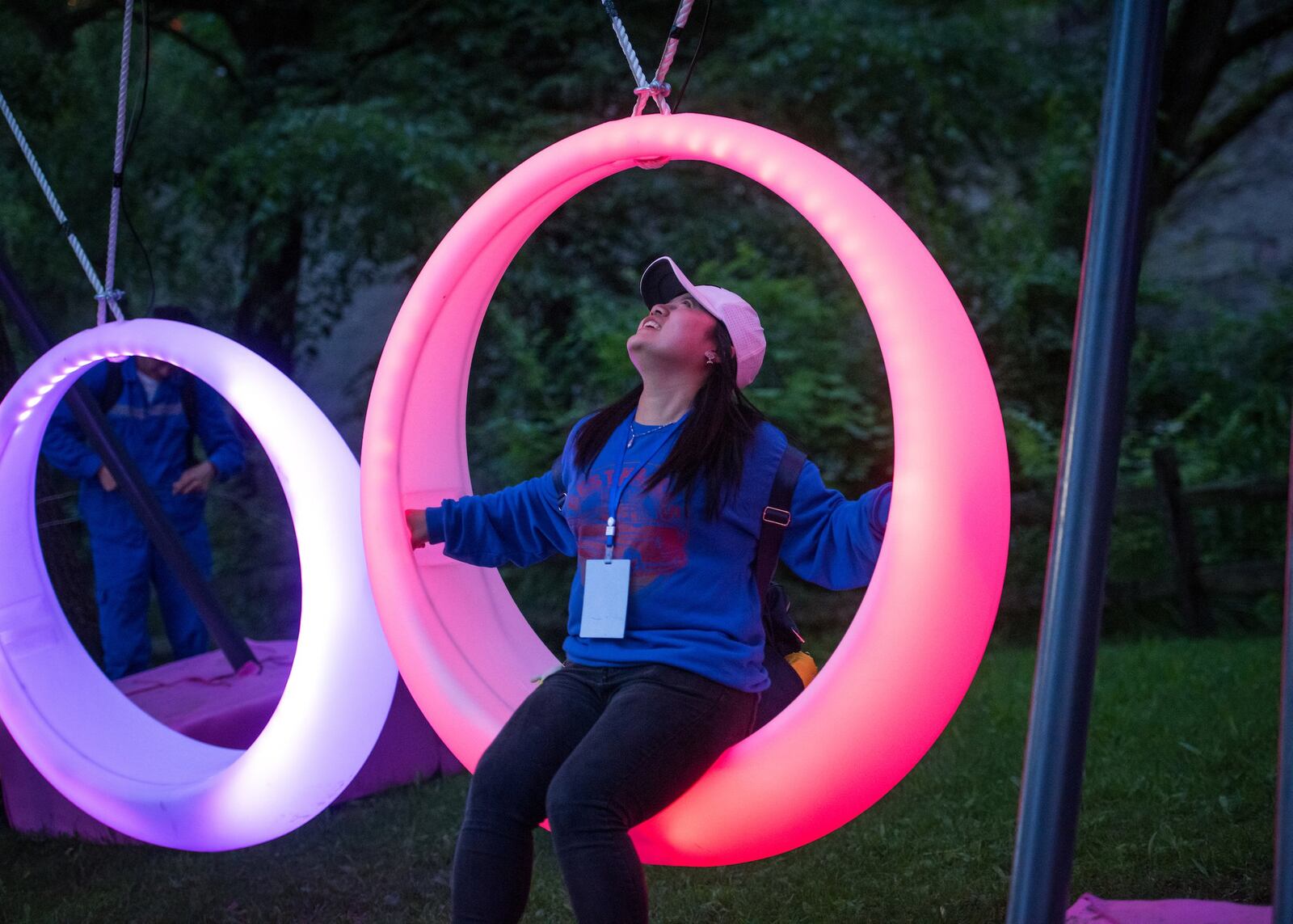 Visitors can get in on the fun by creating music with an interactive guitar, banging out a beat on a giant drum, jumping across the light-up lily pads or relaxing in one of the glowing, color-changing moon swings. CONTRIBUTED PHOTO BY KYLE LANZER/CLEVELAND METROPARKS